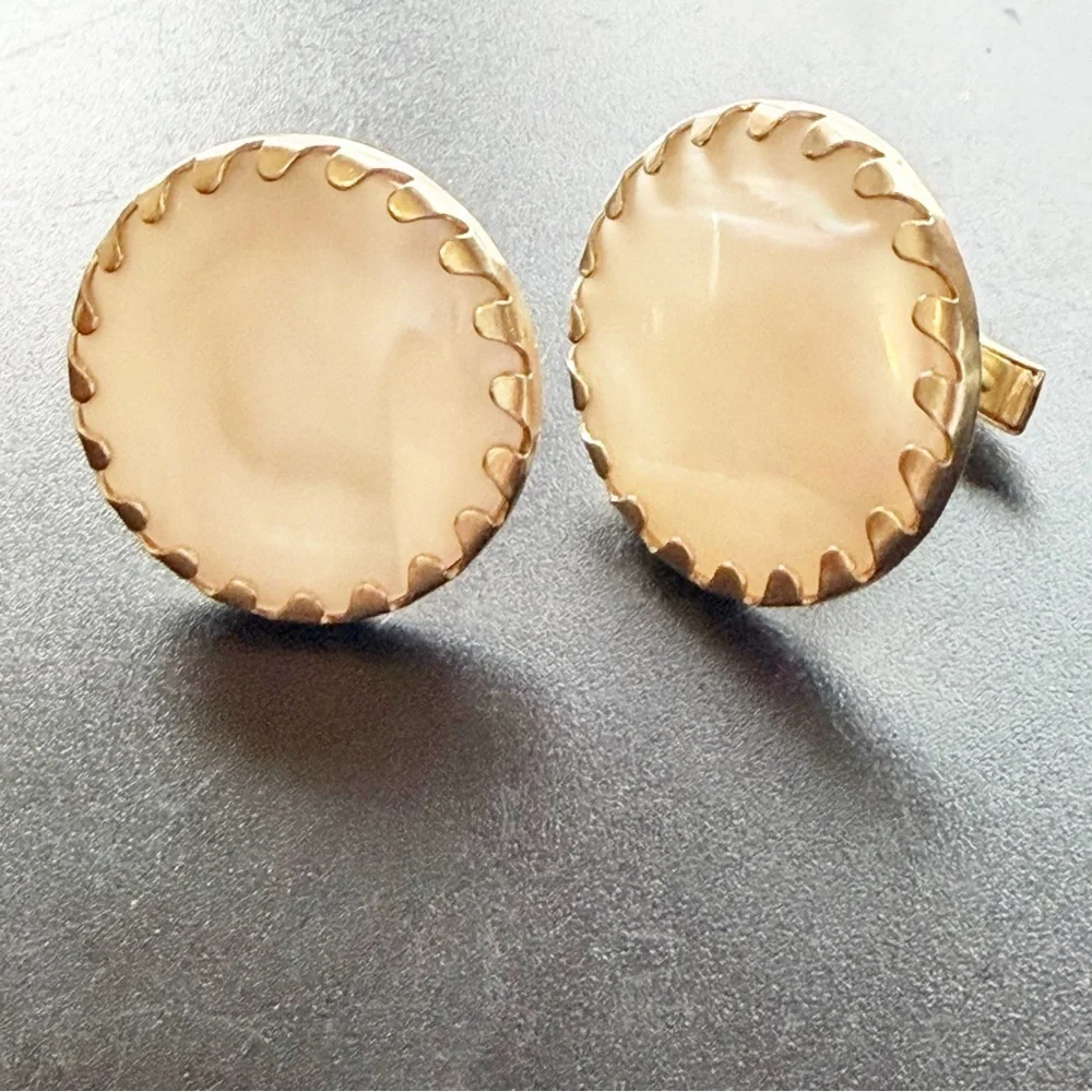 Vintage Pearl Cream Faux Moonstone Cabochon Cuff Link Set Gold Crimped Edges